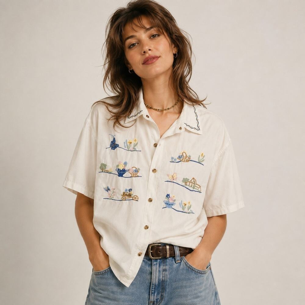 Vtg John Henry 90s Embroider Cottagecore Button Down Shirt 100% Cotton M Novelty